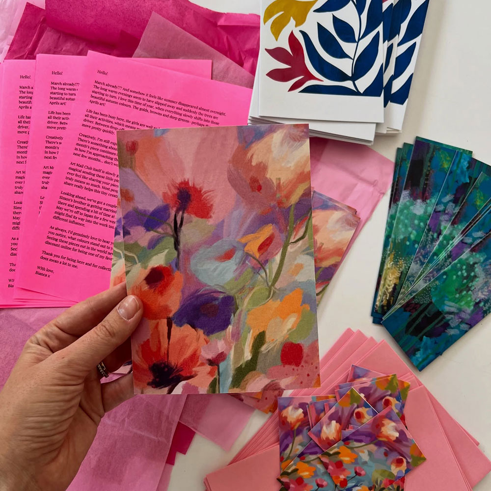Bianca Laing Art Mail Club — Each month, receive a surprise mini print, sticker + bonus paper good each month, plus a letter from my studio. Slow, joyful art mail, sent with love.