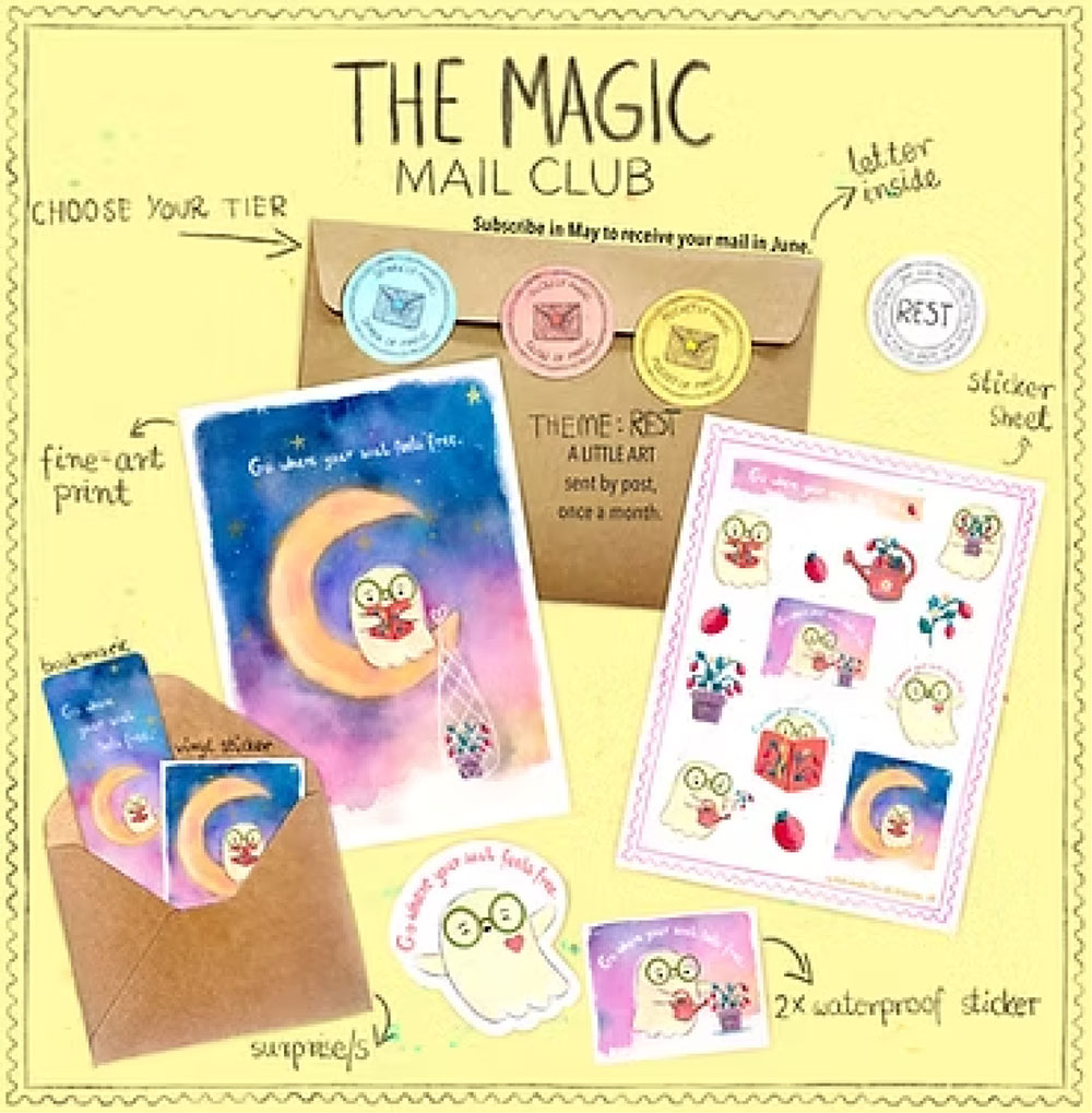 The Magic Mail Club — A monthly envelope of art, wonder & tiny treasures  
– sent from my studio to your mailbox.