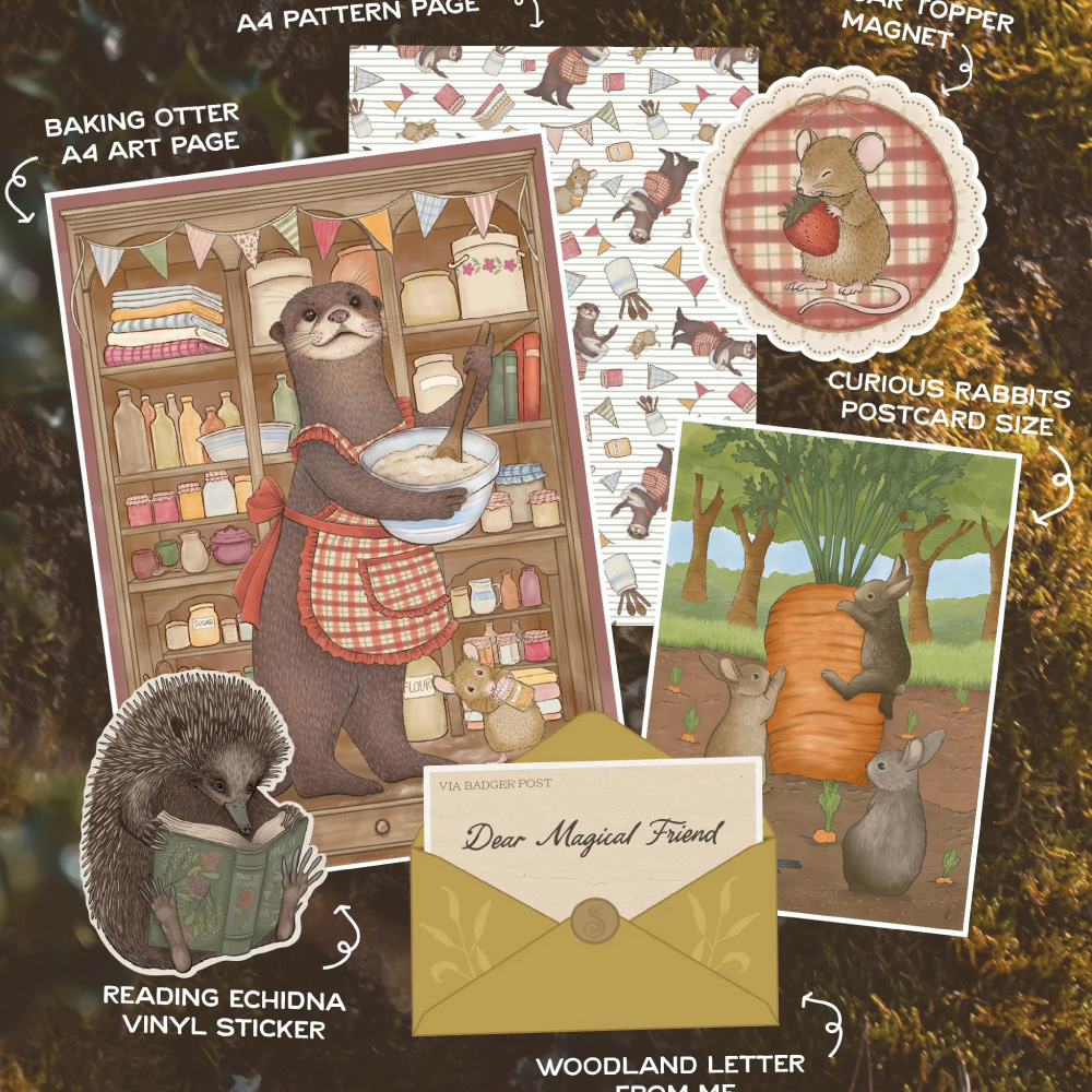 The Woodland Courier — The Woodland Courier Mail Club is a Monthly Subscription where once a month
I send you an envelope that includes a Postcard Print, an A4 page with either a grimoire page, mini poster or spell, plus a Vinyl Sticker and a Mystery Gift like a Bookmark or a Magnet.

All Illustrated by me, Rachel Johnson.