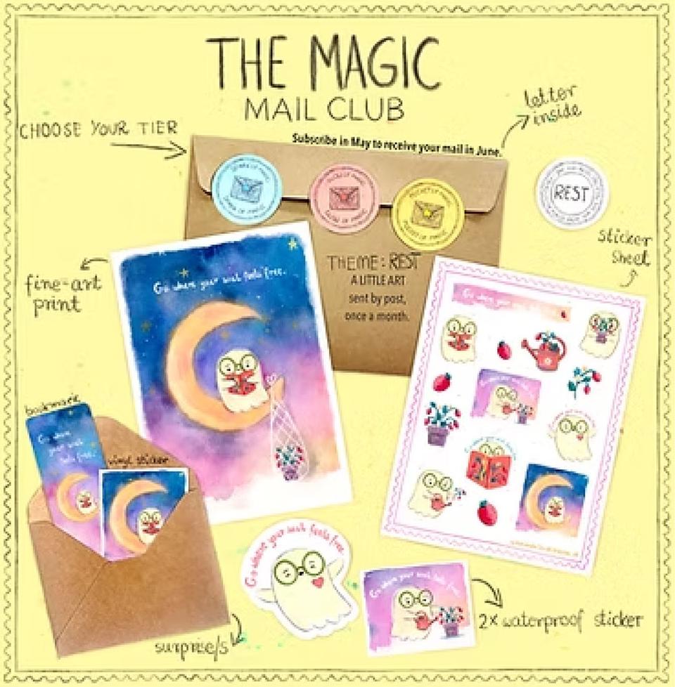 The Magic Mail Club — A monthly envelope of art, wonder & tiny treasures
– sent from my studio to your mailbox.